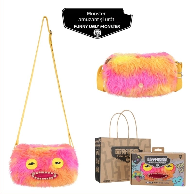 Geantă crossbody din pluș Fuggler — Monstru drăguț cu dinți, Design desen animat, pluș scurt, Material: poliester, Umplutură: PP bumbac, 14+
