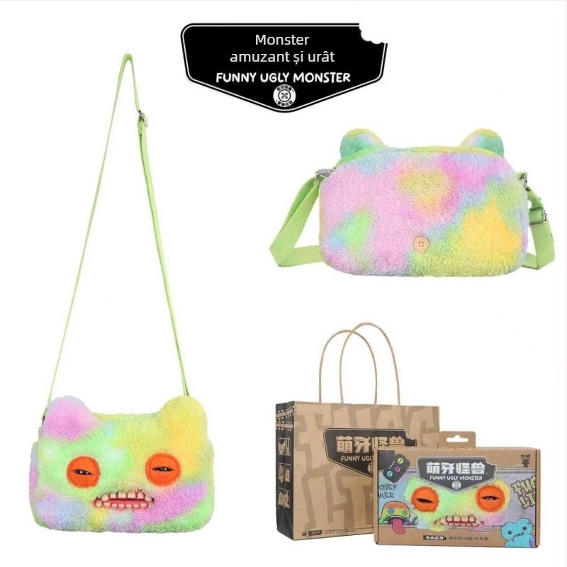 Geantă crossbody din pluș Fuggler — Monstru drăguț cu dinți, Design desen animat, pluș scurt, Material: poliester, Umplutură: PP bumbac, 14+