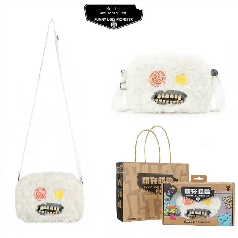 Geantă crossbody din pluș Fuggler — Monstru drăguț cu dinți, Design desen animat, pluș scurt, Material: poliester, Umplutură: PP bumbac, 14+