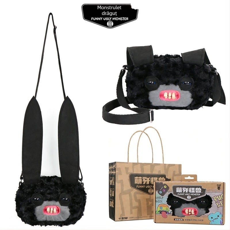 Geantă crossbody din pluș Fuggler — Monstru drăguț cu dinți, Design desen animat, pluș scurt, Material: poliester, Umplutură: PP bumbac, 14+