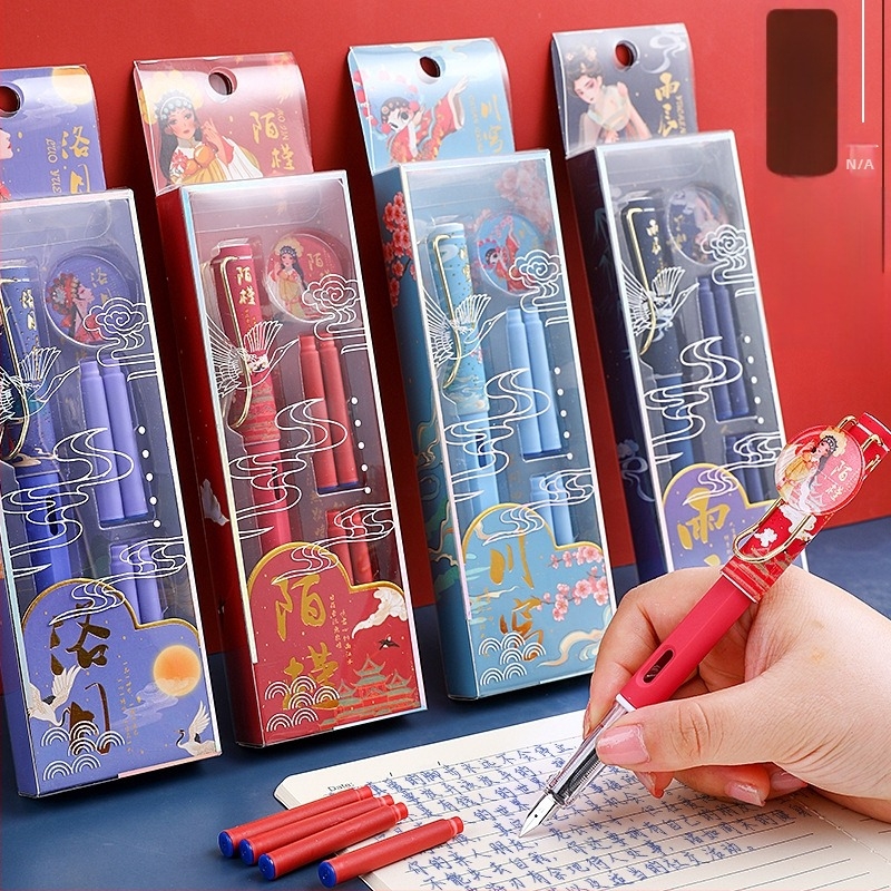 Set de stil caligrafic în stil chinezesc tradițional pentru elevi, pentru practică caligrafie, cu sistem sac de cerneală, vârf EF din oțel inoxidabil, carcasă din plastic, cutie cadou