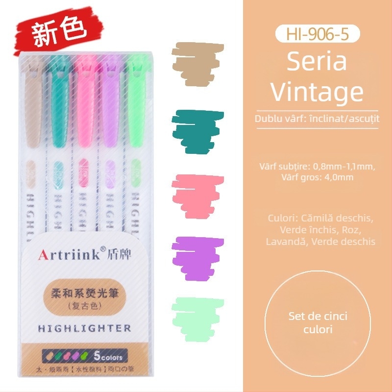 Marker fluorescent cu două capete pentru elevi, marker pentru planificare și evidențiere, vizibilitate înaltă, fără să pătrundă prin hârtie, model 906-5, Shield