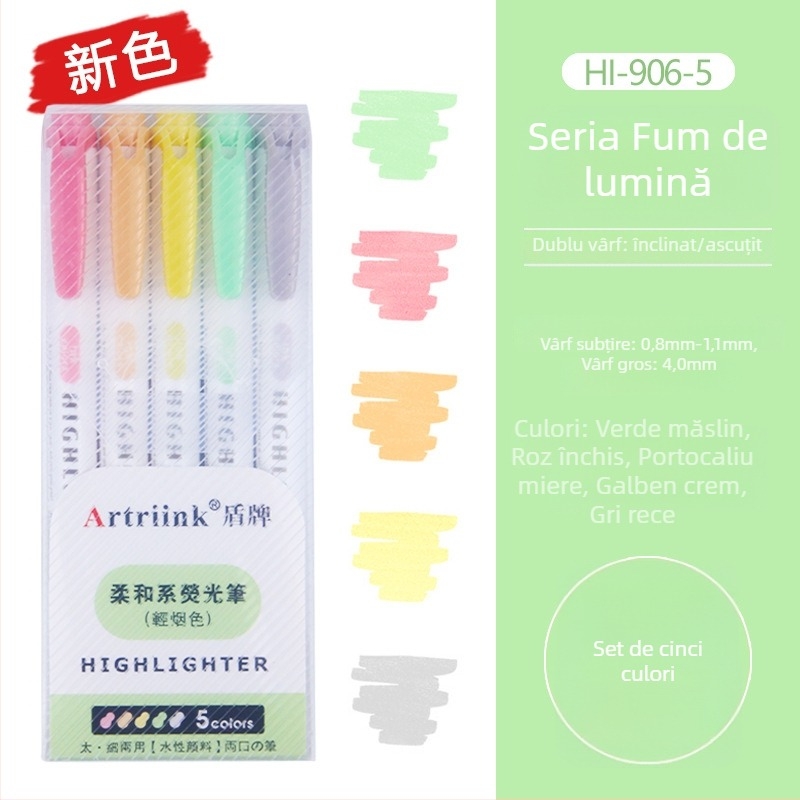 Marker fluorescent cu două capete pentru elevi, marker pentru planificare și evidențiere, vizibilitate înaltă, fără să pătrundă prin hârtie, model 906-5, Shield