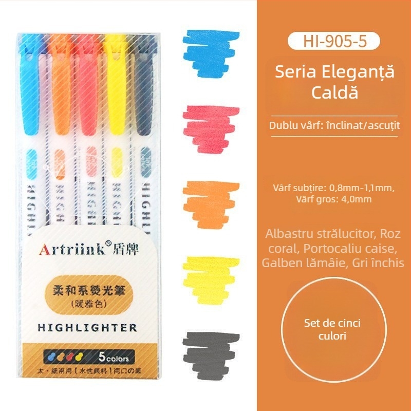 Marker fluorescent cu două capete pentru elevi, marker pentru planificare și evidențiere, vizibilitate înaltă, fără să pătrundă prin hârtie, model 906-5, Shield