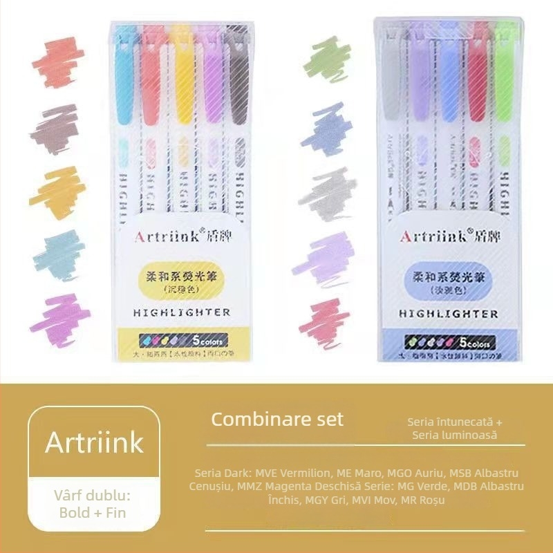 Marker fluorescent cu două capete pentru elevi, marker pentru planificare și evidențiere, vizibilitate înaltă, fără să pătrundă prin hârtie, model 906-5, Shield