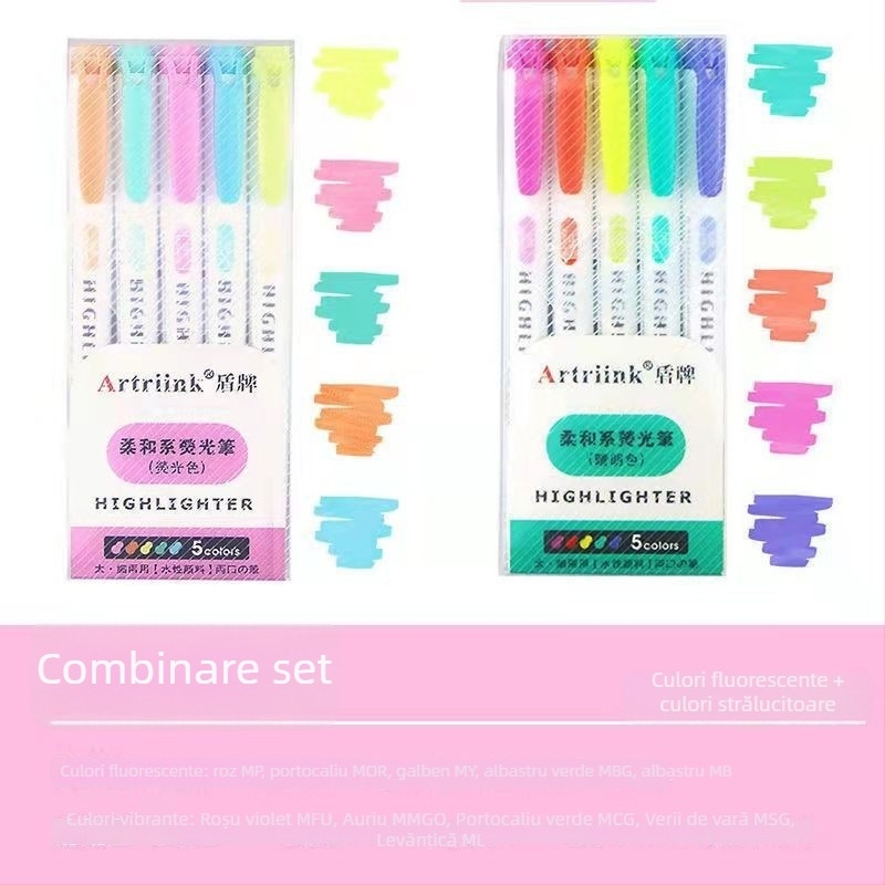 Marker fluorescent cu două capete pentru elevi, marker pentru planificare și evidențiere, vizibilitate înaltă, fără să pătrundă prin hârtie, model 906-5, Shield