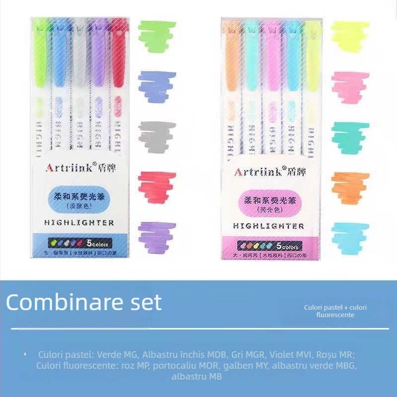 Marker fluorescent cu două capete pentru elevi, marker pentru planificare și evidențiere, vizibilitate înaltă, fără să pătrundă prin hârtie, model 906-5, Shield