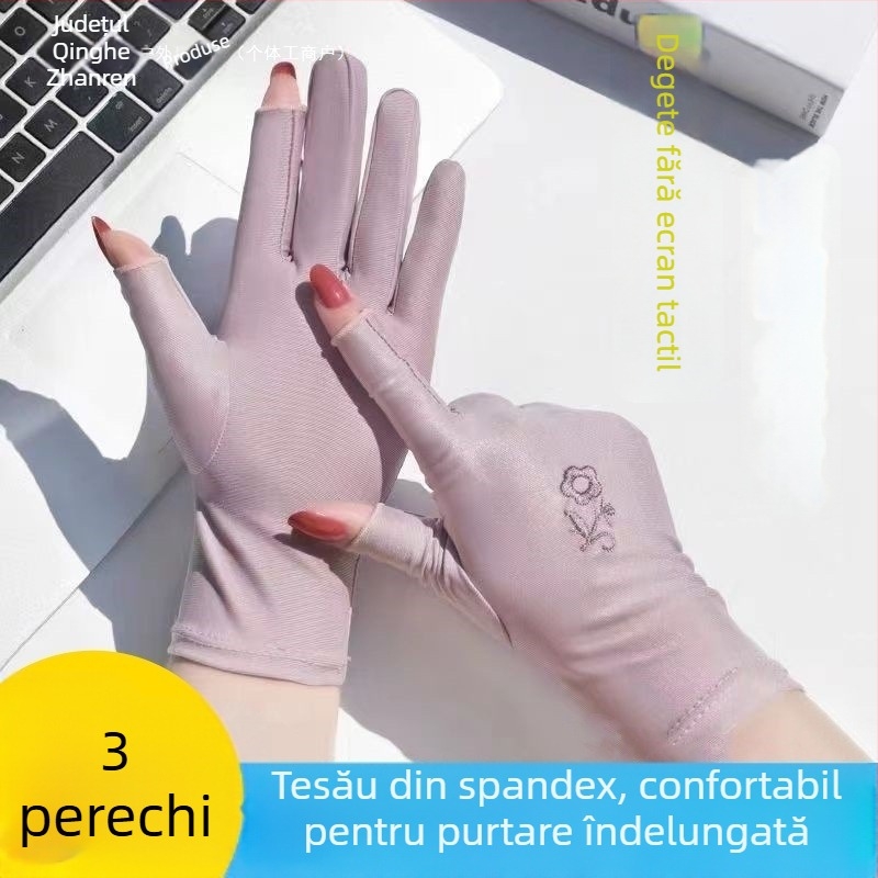 Mănuși de protecție solară pentru vară, femei, fără degete, subțiri, pentru plimbări cu bicicleta și condus, cu broderie din ice silk, elastice, compatibile cu touchscreen, pentru culesul ceaiului (Rezistente la uzură; Rezistente la temperaturi înalte; Rez