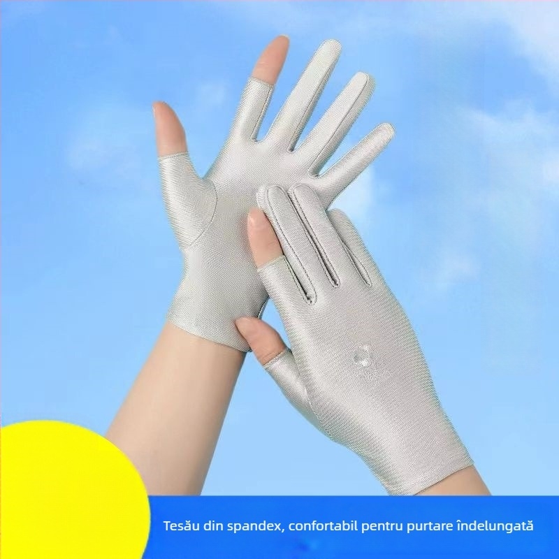 Mănuși de protecție solară pentru vară, femei, fără degete, subțiri, pentru plimbări cu bicicleta și condus, cu broderie din ice silk, elastice, compatibile cu touchscreen, pentru culesul ceaiului (Rezistente la uzură; Rezistente la temperaturi înalte; Rez