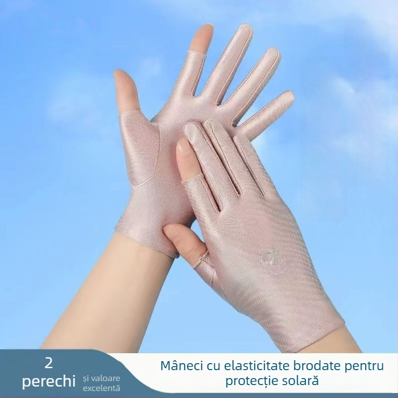 Mănuși de protecție solară pentru vară, femei, fără degete, subțiri, pentru plimbări cu bicicleta și condus, cu broderie din ice silk, elastice, compatibile cu touchscreen, pentru culesul ceaiului (Rezistente la uzură; Rezistente la temperaturi înalte; Rez