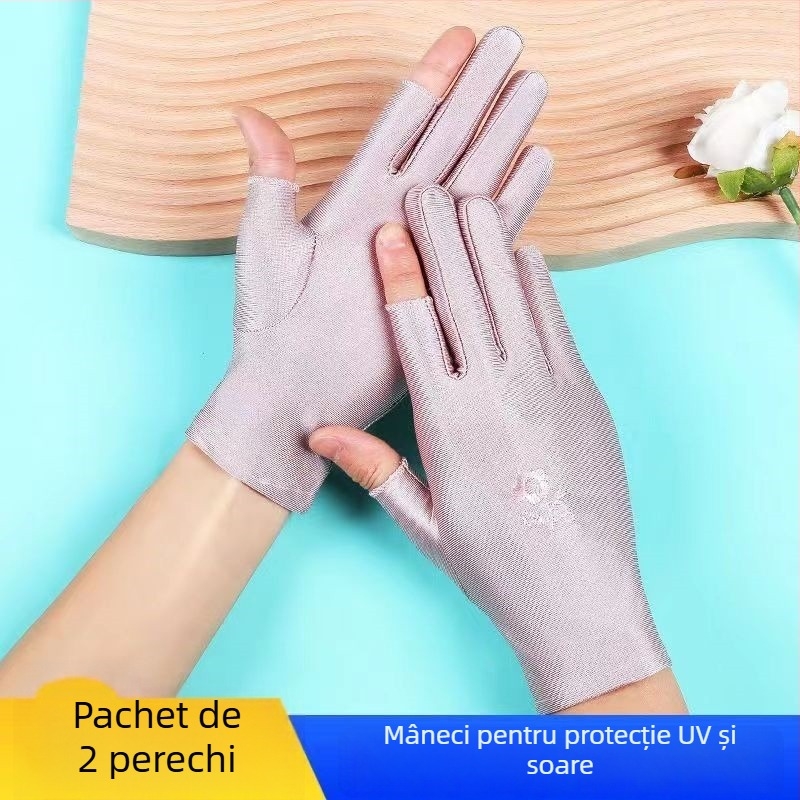 Mănuși de protecție solară pentru vară, femei, fără degete, subțiri, pentru plimbări cu bicicleta și condus, cu broderie din ice silk, elastice, compatibile cu touchscreen, pentru culesul ceaiului (Rezistente la uzură; Rezistente la temperaturi înalte; Rez
