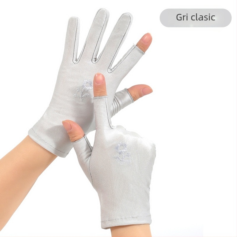 Mănuși de protecție solară pentru vară, femei, fără degete, subțiri, pentru plimbări cu bicicleta și condus, cu broderie din ice silk, elastice, compatibile cu touchscreen, pentru culesul ceaiului (Rezistente la uzură; Rezistente la temperaturi înalte; Rez