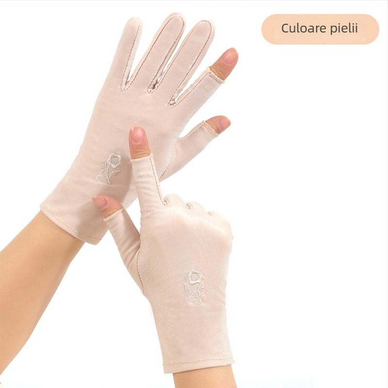 Mănuși de protecție solară pentru vară, femei, fără degete, subțiri, pentru plimbări cu bicicleta și condus, cu broderie din ice silk, elastice, compatibile cu touchscreen, pentru culesul ceaiului (Rezistente la uzură; Rezistente la temperaturi înalte; Rez