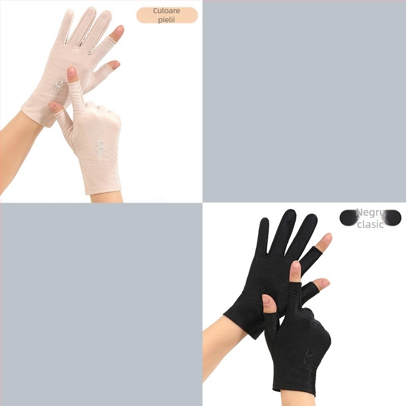 Mănuși de protecție solară pentru vară, femei, fără degete, subțiri, pentru plimbări cu bicicleta și condus, cu broderie din ice silk, elastice, compatibile cu touchscreen, pentru culesul ceaiului (Rezistente la uzură; Rezistente la temperaturi înalte; Rez