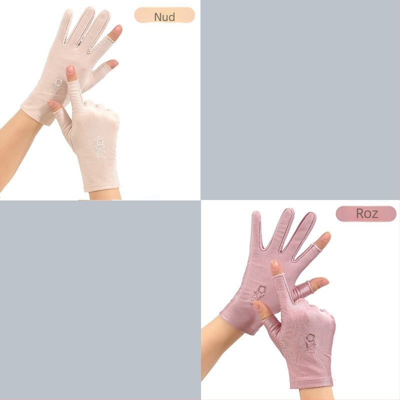 Mănuși de protecție solară pentru vară, femei, fără degete, subțiri, pentru plimbări cu bicicleta și condus, cu broderie din ice silk, elastice, compatibile cu touchscreen, pentru culesul ceaiului (Rezistente la uzură; Rezistente la temperaturi înalte; Rez