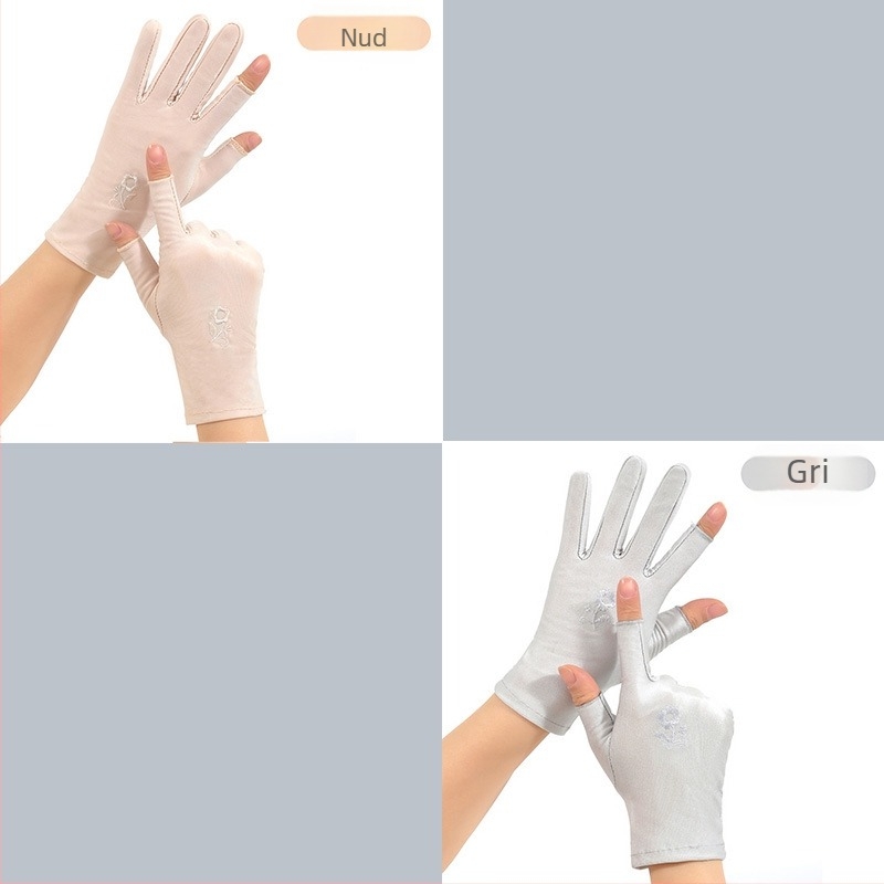 Mănuși de protecție solară pentru vară, femei, fără degete, subțiri, pentru plimbări cu bicicleta și condus, cu broderie din ice silk, elastice, compatibile cu touchscreen, pentru culesul ceaiului (Rezistente la uzură; Rezistente la temperaturi înalte; Rez