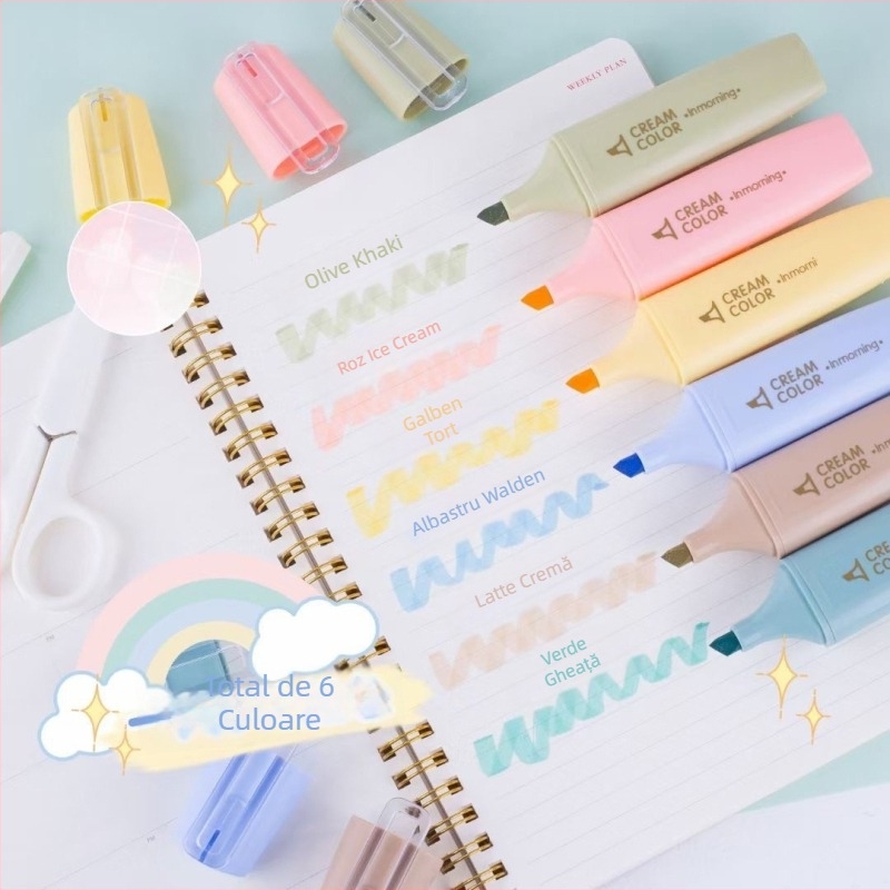 Set de markere fluorescente cu design drăguț de desene animate, carcasă din plastic, vârf unic, neștergibile, multicolor pentru planner