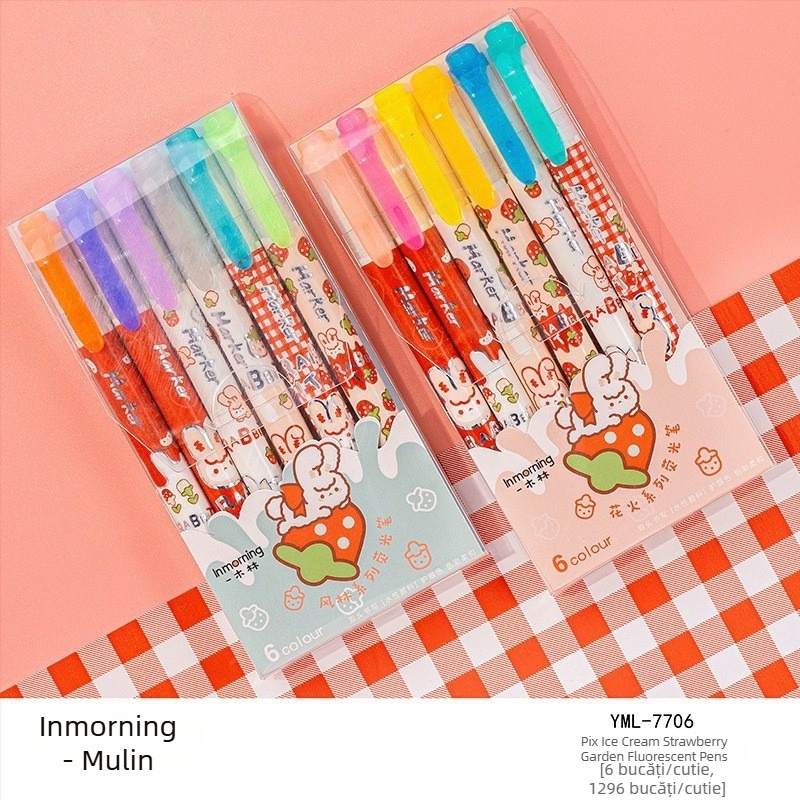 Set de markere fluorescente cu design drăguț de desene animate, carcasă din plastic, vârf unic, neștergibile, multicolor pentru planner