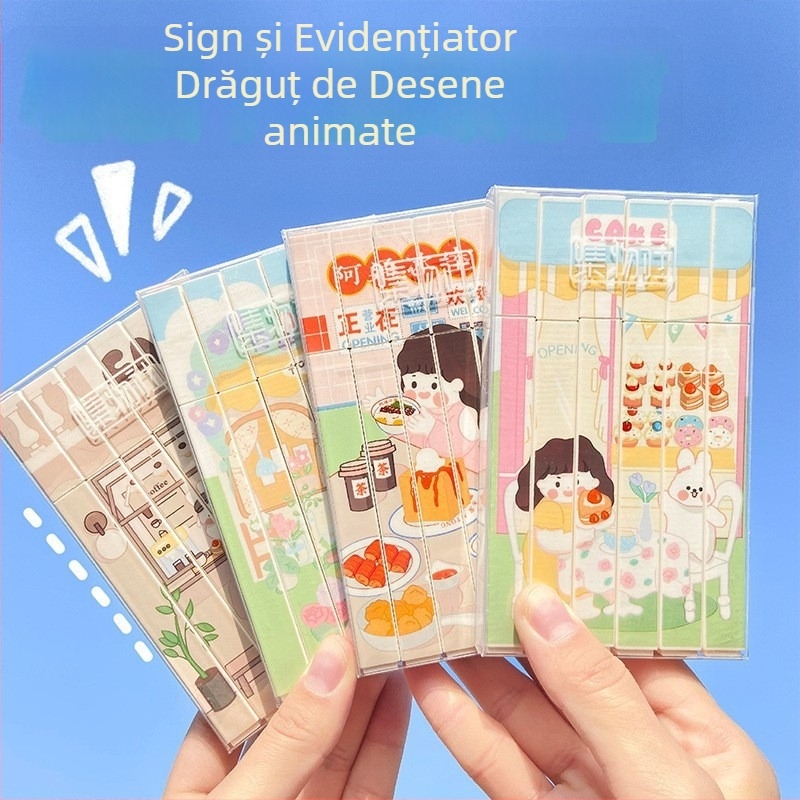 Set de markere fluorescente cu design drăguț de desene animate, carcasă din plastic, vârf unic, neștergibile, multicolor pentru planner
