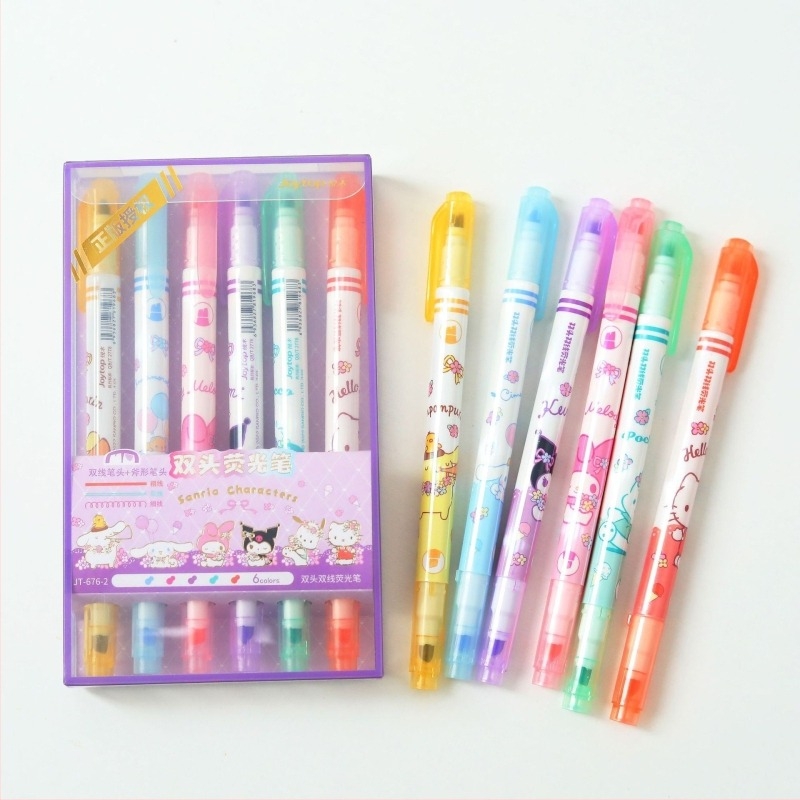 Set de markere fluorescente cu design drăguț de desene animate, carcasă din plastic, vârf unic, neștergibile, multicolor pentru planner
