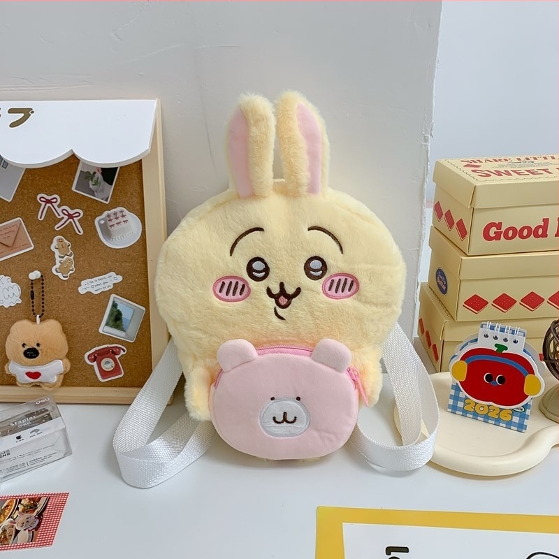 Rucsac Usagi din pluș, design în stil japonez de animație, căptușeală din nailon, închidere cu șnur, buzunar laminat cu fermoar