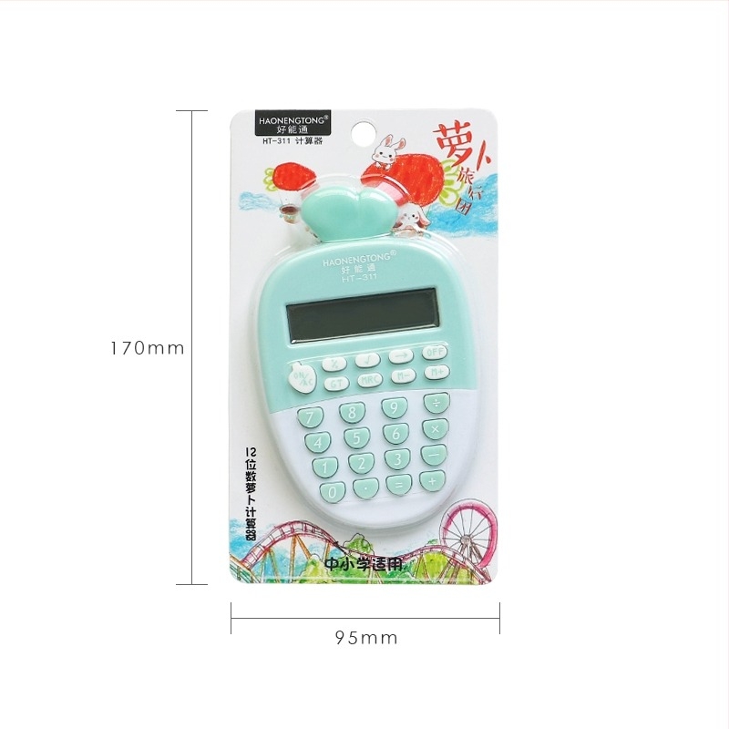Calculator portabil în tema morcov, silențios, pentru elevi din învățământul primar, afișaj 12 cifre, alimentat cu baterie AA.