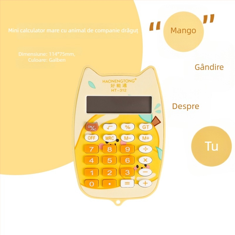 Calculator portabil în tema morcov, silențios, pentru elevi din învățământul primar, afișaj 12 cifre, alimentat cu baterie AA.