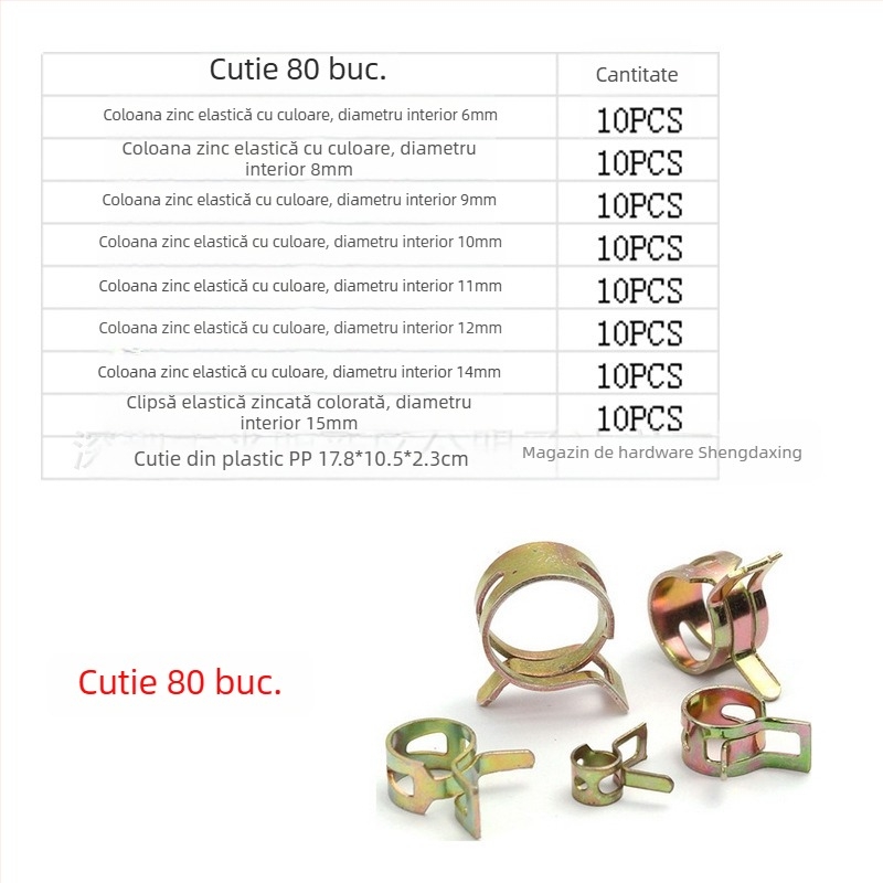 Clamă pentru țevi metalice cu inele elastice, stil japonez, acoperire zincată, cutie cu 100 sau 160 de bucăți