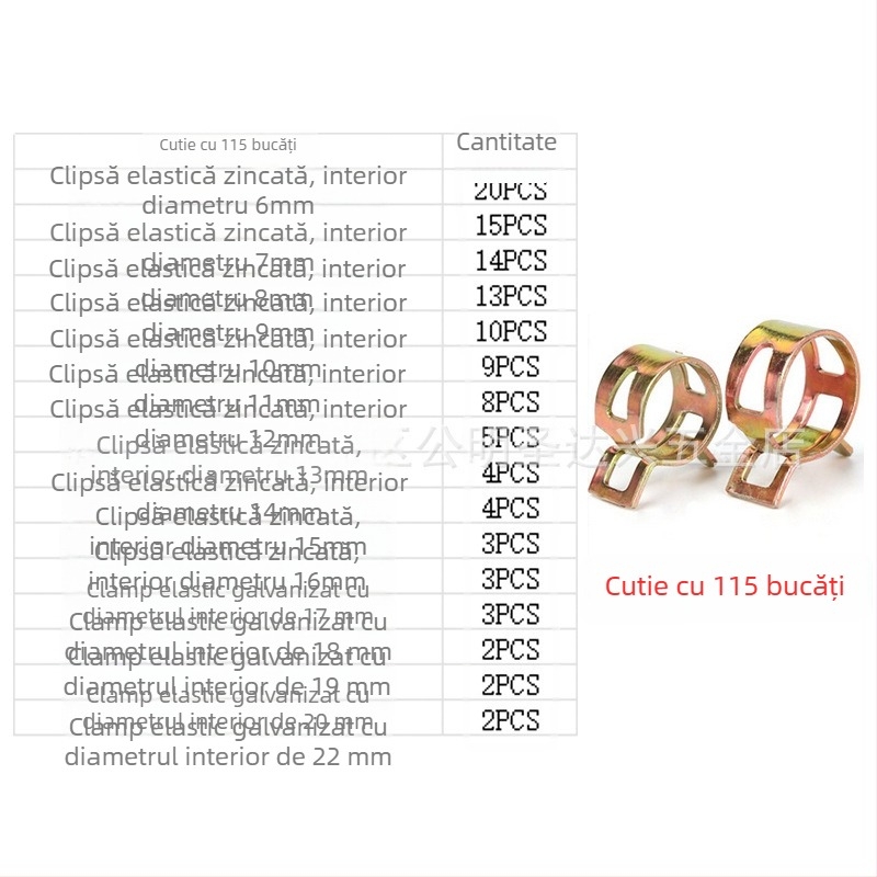 Clamă pentru țevi metalice cu inele elastice, stil japonez, acoperire zincată, cutie cu 100 sau 160 de bucăți