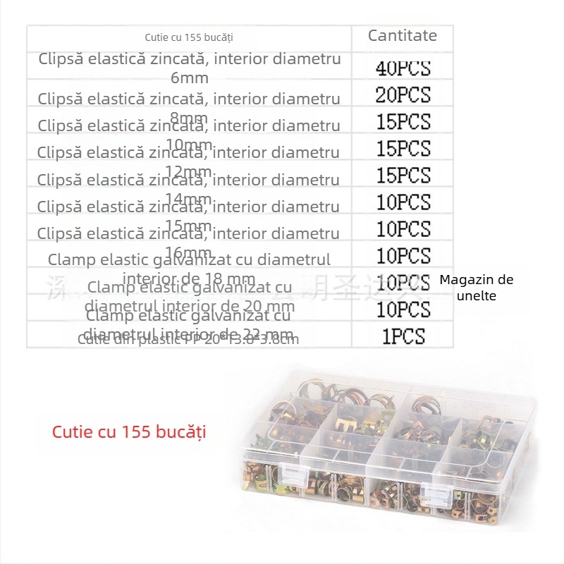 Clamă pentru țevi metalice cu inele elastice, stil japonez, acoperire zincată, cutie cu 100 sau 160 de bucăți