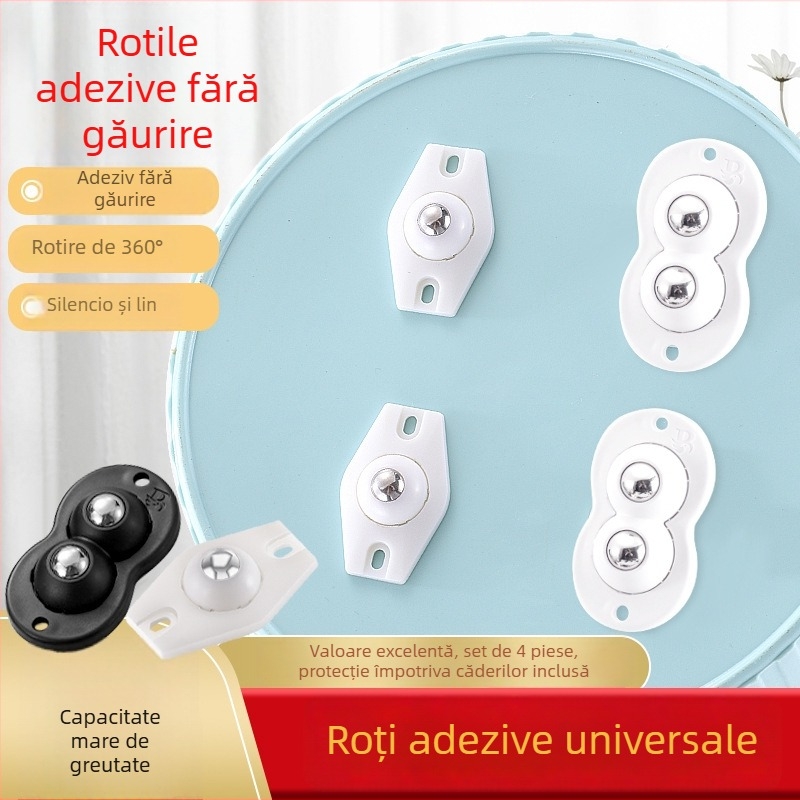 Elaborate 4 role universale, montaj fără găuri, cu adeziv, Tip A, pentru coșuri de gunoi, cutii de depozitare, ghivece, noptiere