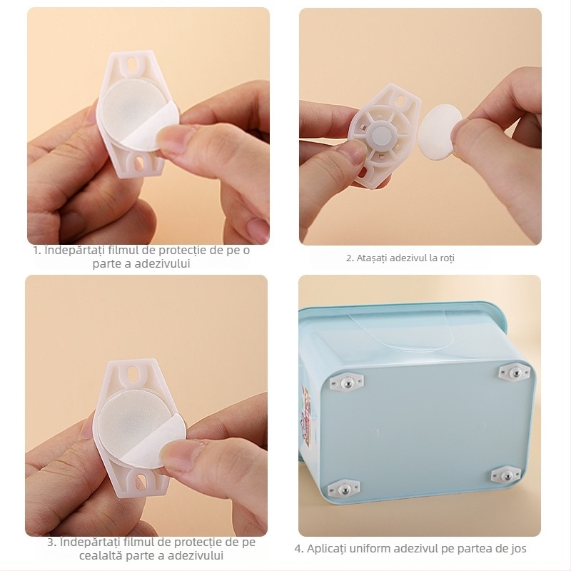 Elaborate 4 role universale, montaj fără găuri, cu adeziv, Tip A, pentru coșuri de gunoi, cutii de depozitare, ghivece, noptiere