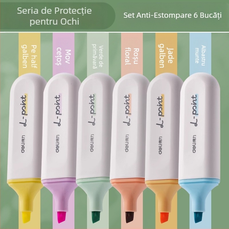 Marker de evidențiere Deli pentru elevi – set de 12 bucăți, vârf înclinat, carcasă din plastic, model Dl-ygb-04620, neștergibil