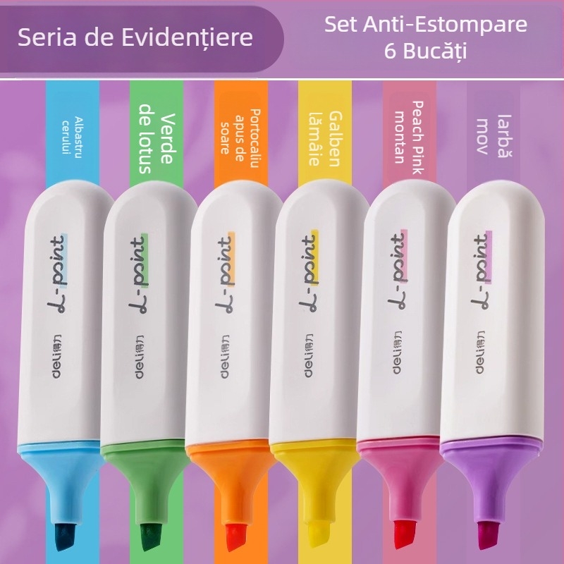 Marker de evidențiere Deli pentru elevi – set de 12 bucăți, vârf înclinat, carcasă din plastic, model Dl-ygb-04620, neștergibil