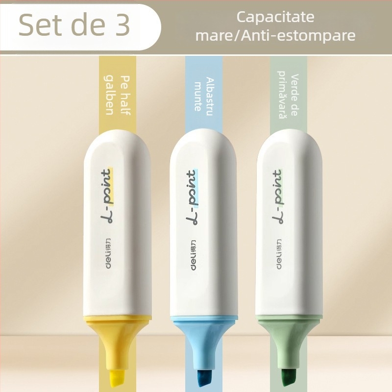 Marker de evidențiere Deli pentru elevi – set de 12 bucăți, vârf înclinat, carcasă din plastic, model Dl-ygb-04620, neștergibil
