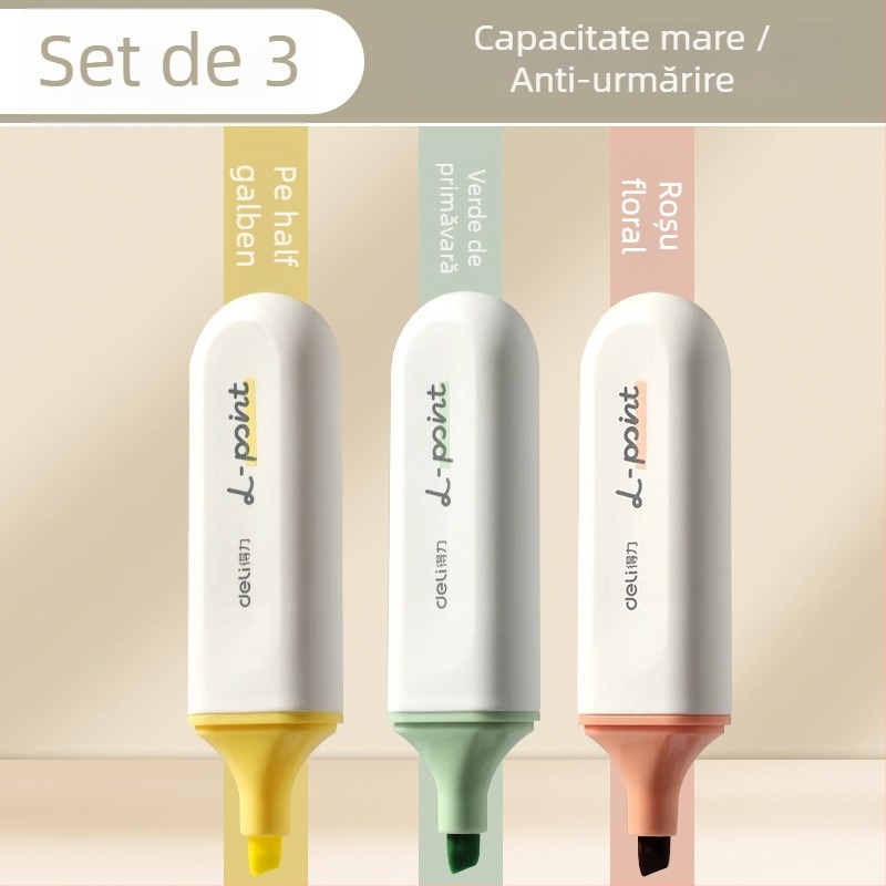 Marker de evidențiere Deli pentru elevi – set de 12 bucăți, vârf înclinat, carcasă din plastic, model Dl-ygb-04620, neștergibil