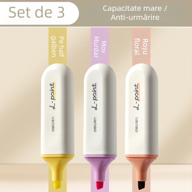 Marker de evidențiere Deli pentru elevi – set de 12 bucăți, vârf înclinat, carcasă din plastic, model Dl-ygb-04620, neștergibil