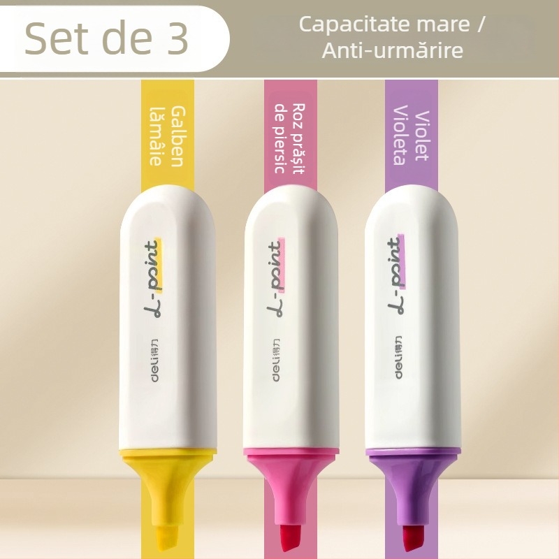 Marker de evidențiere Deli pentru elevi – set de 12 bucăți, vârf înclinat, carcasă din plastic, model Dl-ygb-04620, neștergibil