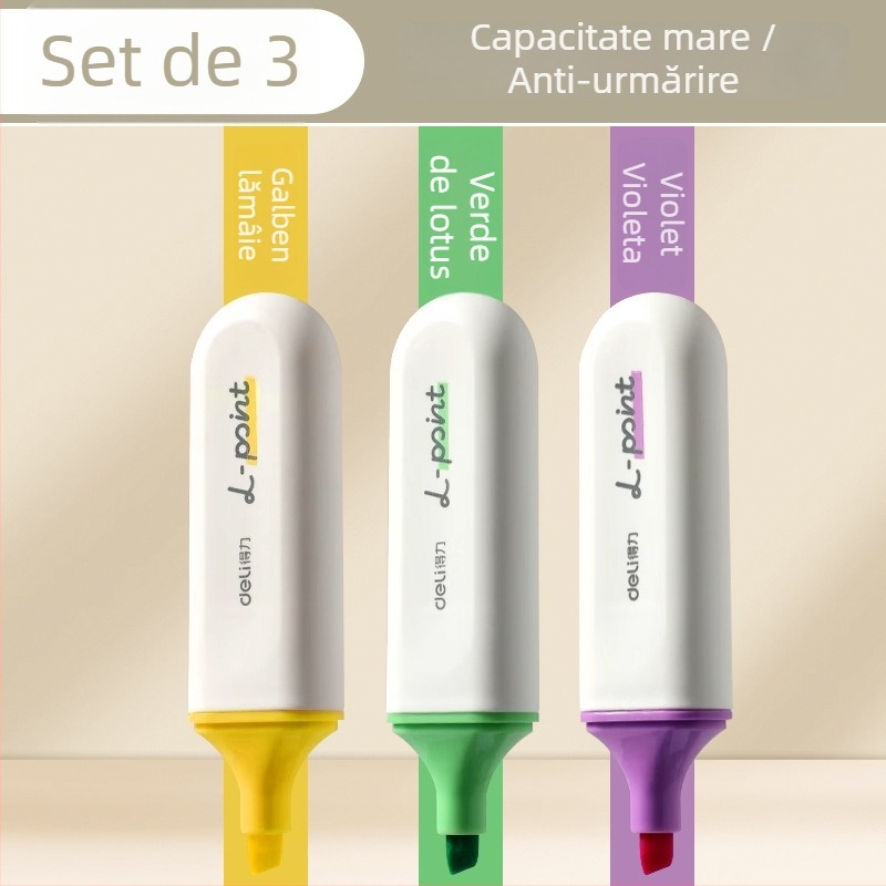 Marker de evidențiere Deli pentru elevi – set de 12 bucăți, vârf înclinat, carcasă din plastic, model Dl-ygb-04620, neștergibil