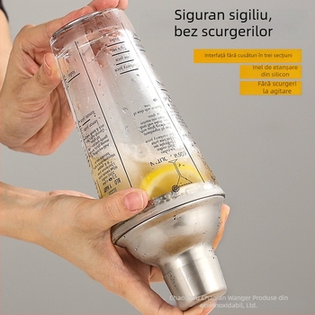 Set de shaker din sticlă cu scară de măsură și rețetă, shaker de cocktail în trei etape, componente din sticlă și oțel inoxidabil