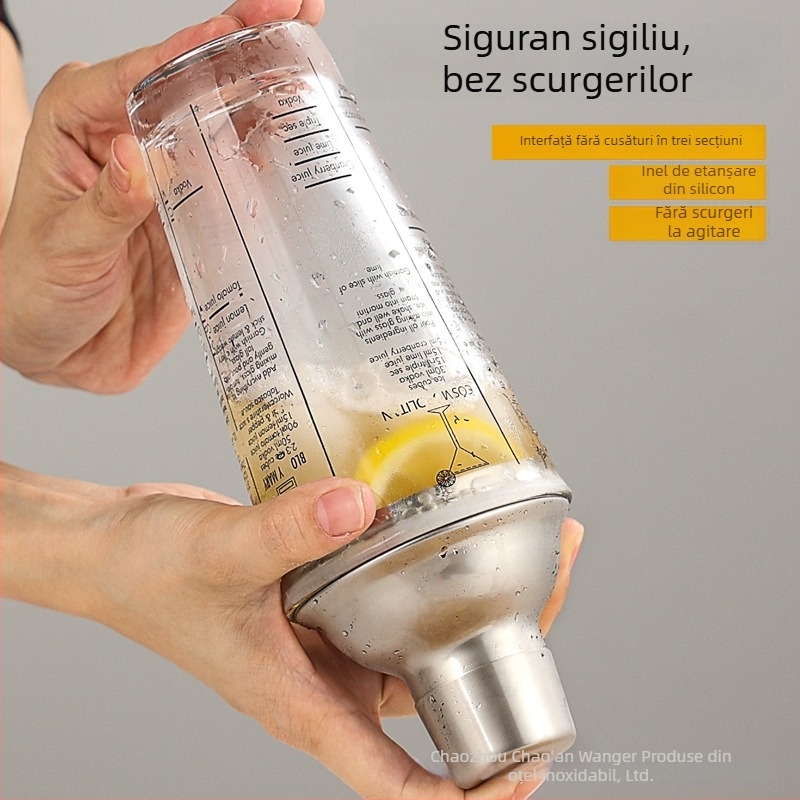Set de shaker din sticlă cu scară de măsură și rețetă, shaker de cocktail în trei etape, componente din sticlă și oțel inoxidabil