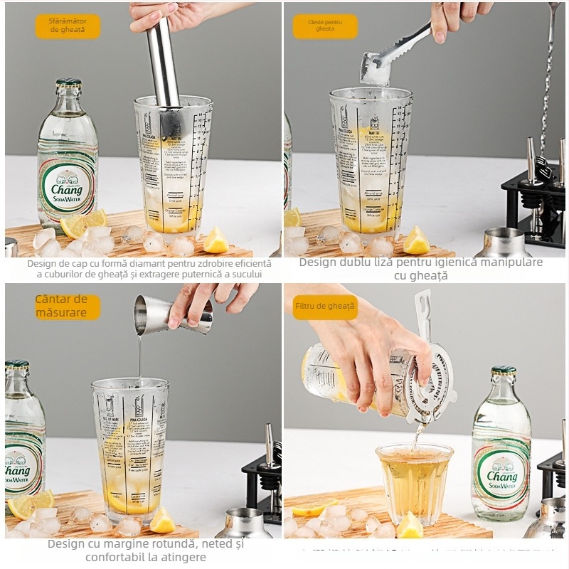 Set de shaker din sticlă cu scară de măsură și rețetă, shaker de cocktail în trei etape, componente din sticlă și oțel inoxidabil