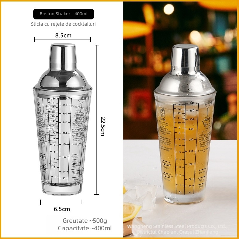 Set de shaker din sticlă cu scară de măsură și rețetă, shaker de cocktail în trei etape, componente din sticlă și oțel inoxidabil