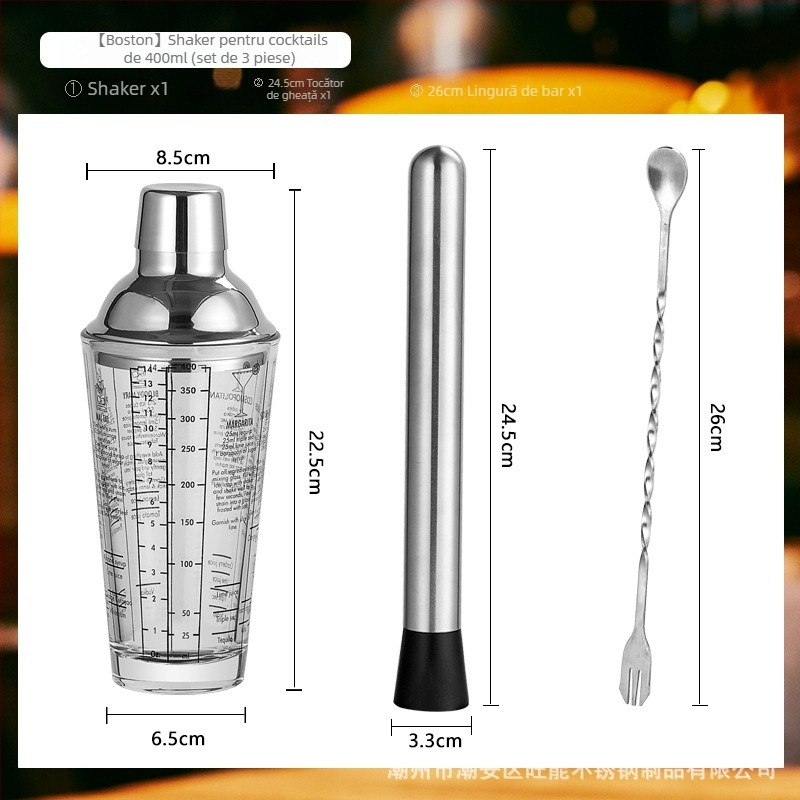 Set de shaker din sticlă cu scară de măsură și rețetă, shaker de cocktail în trei etape, componente din sticlă și oțel inoxidabil