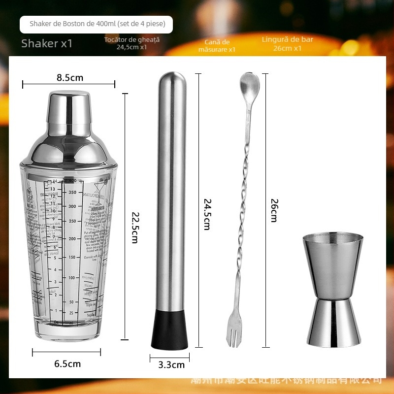 Set de shaker din sticlă cu scară de măsură și rețetă, shaker de cocktail în trei etape, componente din sticlă și oțel inoxidabil