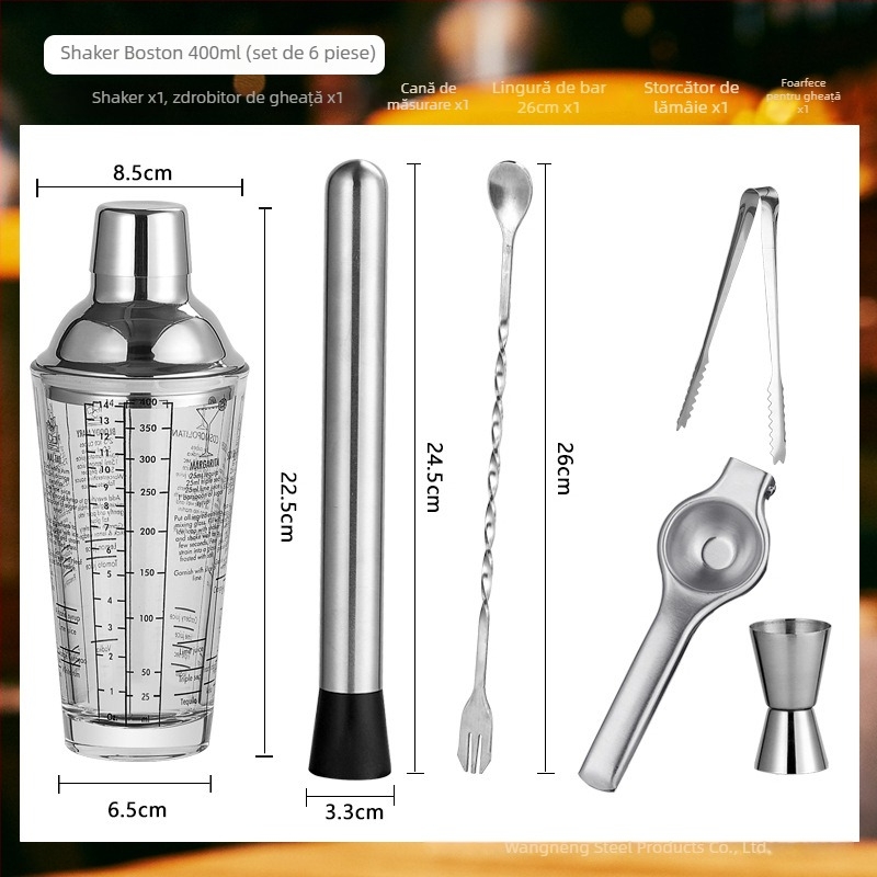 Set de shaker din sticlă cu scară de măsură și rețetă, shaker de cocktail în trei etape, componente din sticlă și oțel inoxidabil