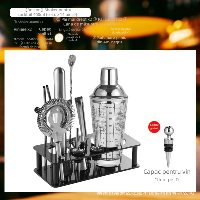 Set de shaker din sticlă cu scară de măsură și rețetă, shaker de cocktail în trei etape, componente din sticlă și oțel inoxidabil
