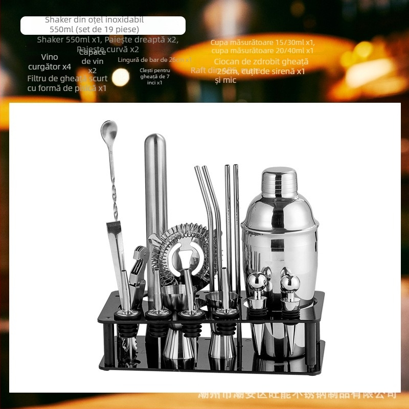 Set de shaker din sticlă cu scară de măsură și rețetă, shaker de cocktail în trei etape, componente din sticlă și oțel inoxidabil