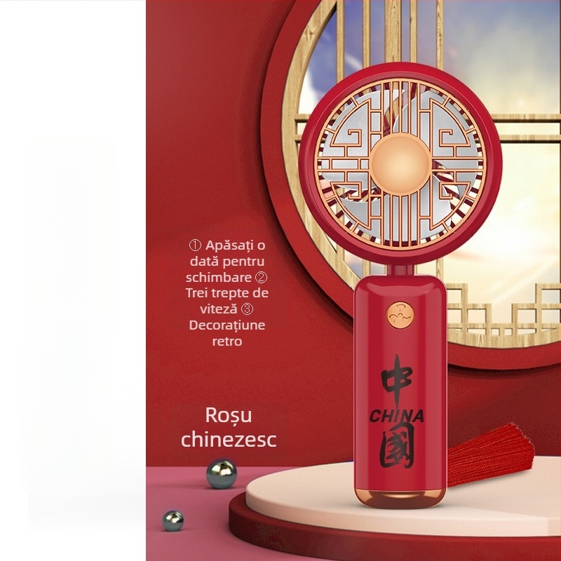 Ventilator mini de birou, portabil, în stil național în vogă, din plastic; personalizare disponibilă; potrivit pentru studenți, călătorii, deplasări de serviciu și birou; multifuncțional.