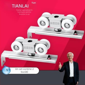 Set de roți din oțel inoxidabil pentru uși glisante, 4 roți, model 101, ax de 12 mm, rază a canelurii pentru frânghie 12 mm, sarcină maximă 80 kg